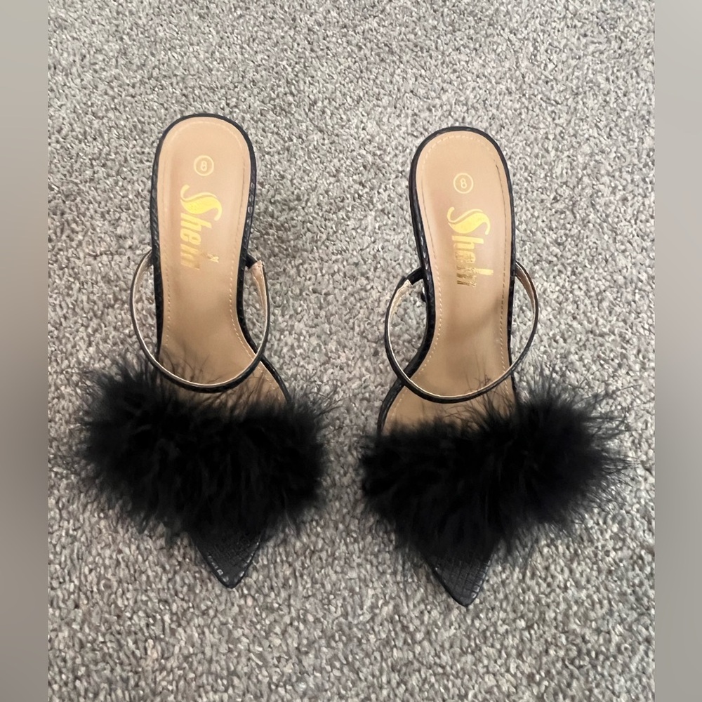 Shiekh Black Feathered Slip-On Heels